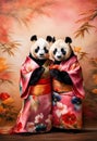 AI generated illustration of two adorable panda bears wearing traditional Japanese kimonos