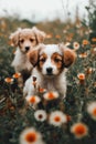 AI generated illustration of two adorable puppies running through a lush, flowery field