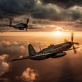 AI-generated illustration of two airplanes soaring through a cloudy sky at sunset. P51 Mustang.
