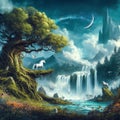 AI generated illustration of two alien unicorns galloping through a vibrant forest with a waterfall