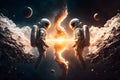 Ai generated illustration of two astronauts standing in front of each separated by an orange flame Royalty Free Stock Photo