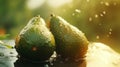 AI generated illustration of two avocados in waterdrops Royalty Free Stock Photo