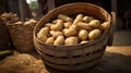 AI generated illustration of two baskets of potatoes placed side by side in a spacious room Royalty Free Stock Photo
