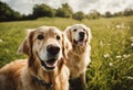 AI generated illustration of two beautiful golden retrievers lounging in a lush green grassy park