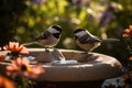 AI-generated illustration of two birds perched on a bird bath. Black-capped chickadee. Royalty Free Stock Photo