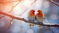 AI generated illustration of two birds perched on a snowy branch Royalty Free Stock Photo