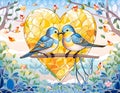 AI generated illustration of two birds perched on a tree branch with a backdrop of colorful hearts Royalty Free Stock Photo