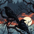 AI generated illustration of two black crows perching on a tree branch illuminated by a full moon Royalty Free Stock Photo