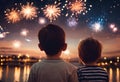 AI generated illustration of two boys looking at fireworks in the sky