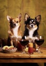 two dogs sit together on a wooden table with wine and fruits