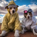 AI generated illustration of two canine companions wearing yellow ensembles and protective eyewear Royalty Free Stock Photo
