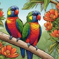 AI generated illustration of two cartoon colorful parrots perched atop a tree branch Royalty Free Stock Photo