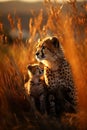 two cheetah sitting on the ground in tall grass Royalty Free Stock Photo