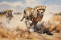 AI generated illustration of two cheetahs running in the golden sand of the Savannah Royalty Free Stock Photo