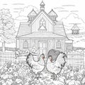 AI generated illustration of two chickens perched in front of a rural farmhouse - sketch drawing