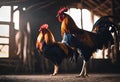 AI generated illustration of two chickens standing together in an open structure Royalty Free Stock Photo