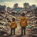 AI-generated illustration of two children standing in front of a pile of rubbish