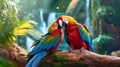 AI generated illustration of two colorful parrots perched on a tree branch Royalty Free Stock Photo