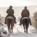 AI-generated illustration of two cowboys riding horses during a snowfall. Royalty Free Stock Photo