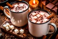 AI-generated illustration of two cups of hot chocolate on a wooden board Royalty Free Stock Photo
