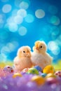 AI generated illustration of two cute baby chicks surrounded by vibrant Easter eggs Royalty Free Stock Photo