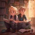 AI generated illustration of two cute cartoon brothers reading books in a library