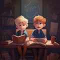 AI generated illustration of two cute cartoon brothers reading books in a library