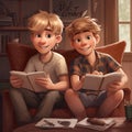 AI generated illustration of two cute cartoon brothers reading books in a library