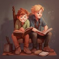 AI generated illustration of two cute cartoon brothers reading books in a library