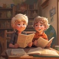 AI generated illustration of two cute cartoon brothers reading books in a library