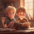 AI generated illustration of two cute cartoon brothers reading books in a library