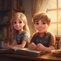 AI generated illustration of two cute cartoon siblings reading books in a library