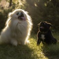 AI generated illustration of two cute dogs with their tongues out, sitting on green grass