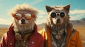 two dogs in winter clothes standing together, all wearing sunglasses