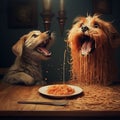 AI generated illustration of two dogs joyfully eating spaghetti at a wooden table