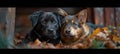 two dogs laying down together looking at the camera with leaf litter in front Royalty Free Stock Photo