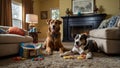 AI generated illustration of two dogs resting side by side on the floor, surrounded by playthings Royalty Free Stock Photo