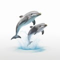 AI generated illustration of two dolphins jumping out of the water against a white background Royalty Free Stock Photo
