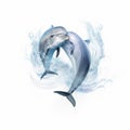 AI generated illustration of two dolphins jumping out of the water against a white background Royalty Free Stock Photo