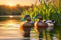 AI generated illustration of two ducks chilling out on a riverbank Royalty Free Stock Photo