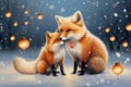 two foxes sitting in the snow, one with a bow