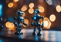 AI generated illustration of two futuristic robots standing side by side against a bokeh background