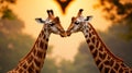 AI-generated illustration of two giraffes nuzzle each other at sunset