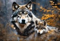 two grey wolfs in the woods with orange leaves on them