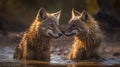 AI generated illustration of two gray wolves in a body of water, with one sniffing the other Royalty Free Stock Photo