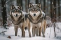 AI generated illustration of two gray wolves in a snowy forest