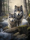 AI generated illustration of two gray wolves stand side-by-side at the edge of a riverbank Royalty Free Stock Photo