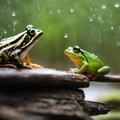 AI generated illustration of two green frogs perched on a tree branch