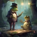 AI generated illustration of two green frogs wearing top hats and suits at the pond Royalty Free Stock Photo