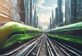 AI generated illustration of two green locomotives on railway tracks in front of a modern city